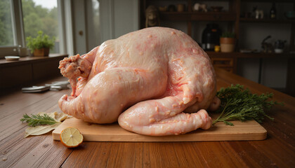 Raw turkey on a wooden board with fresh herbs and lemon in a bright kitchen setting