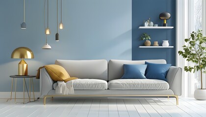 Contemporary Scandinavian Living Room with Light Gray Sofa, Gold Lamp, White Flooring, and Blue Accent Wall