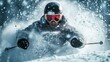 © ADD PHOTO - Skier speeding down snowy slope with snow flurries in extreme winter sports adventure