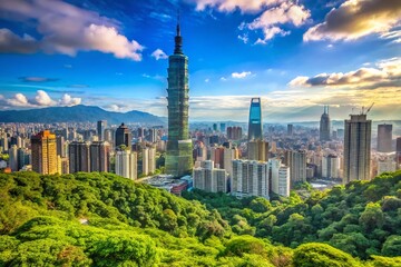 Wall Mural - Scenic view of Taipei skyline with iconic landmarks and lush greenery under a clear blue sky