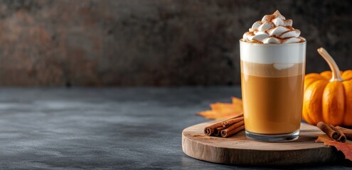 Canvas Print - Delicious pumpkin spice latte topped with whipped cream surrounded by autumn leaves and a pumpkin