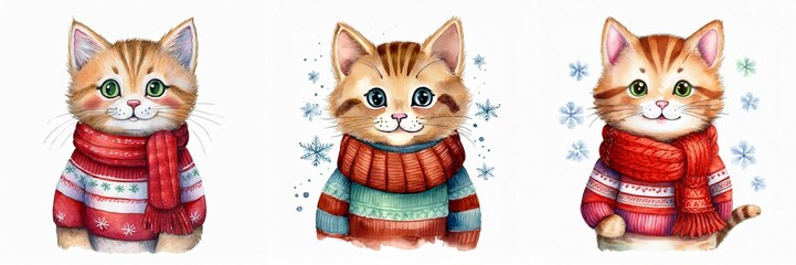 Watercolor cute Christmas smiling little cat kitten character in winter knitted sweater and scarf isolated on white background. Hand drawn illustration sketch