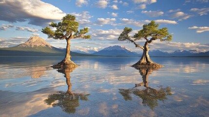 A stunning view showcases two trees standing in calm water, their reflections visible. A vibrant sunset lights up the sky above distant mountains, creating a serene atmosphere