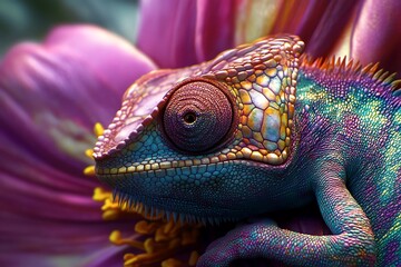 Wall Mural - Closeup of a chameleon on a pink flower with colorful scales and eye