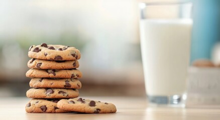 Wall Mural - Freshly baked chocolate chip cookies stacked beside a glass of milk on a wooden table