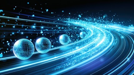 Wall Mural - the artwork features dynamic blue light trails flowing smoothly through the darkness, complemented b