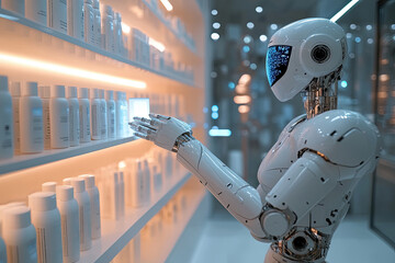 A futuristic robot arm equipped with biosensors, innovations of AI, technology and beauty