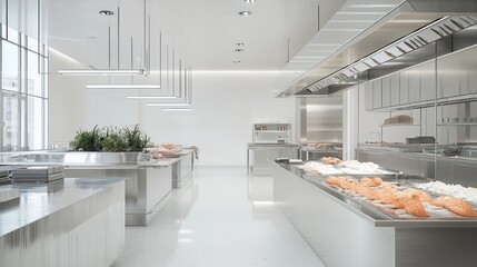 A minimalist fish market with a clean, open layout, stainless steel counters, and minimal decor The design prioritizes hygiene and efficiency, allowing the seafood to be the focal point