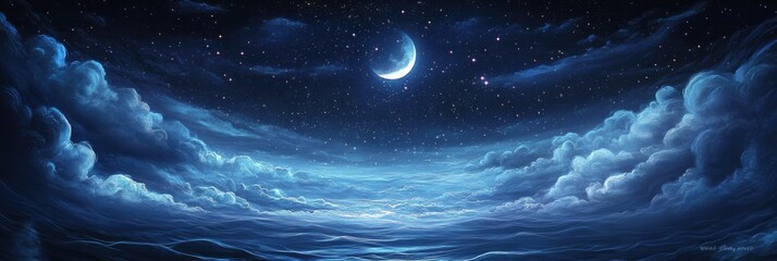 Wall Mural - starry night sky texture with twinkling stars and soft, flowing clouds illuminated by moonlight
