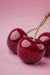 Canvas Print - Fresh heart-shaped cherries glistening with water droplets on a pastel pink background