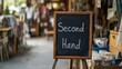 © Bonsales - Vintage blackboard sign saying second hand on a wooden stand in front of a store entrance and blurred background
