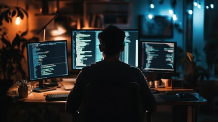 Silhouette of a Programmer Working Late at Night with Multiple Monitors Displaying Code
