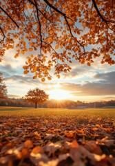 Golden leaves blanket the ground as the sun sets behind trees in a serene autumn landscape