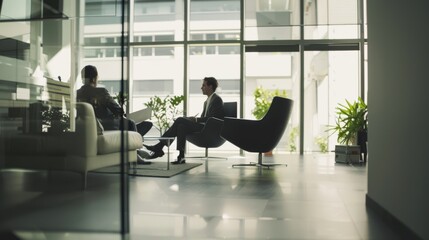 Sticker - Two individuals engage in a business discussion within a bright, modern office filled with natural light and surrounded by greenery, reflecting productivity and creativity.