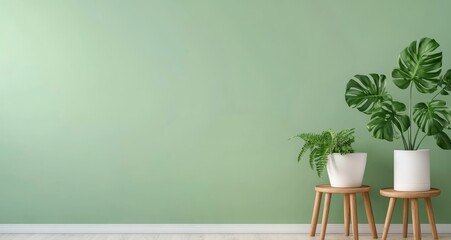 Poster - Elegant green wall adorned with potted plants in a cozy indoor space during daylight hours