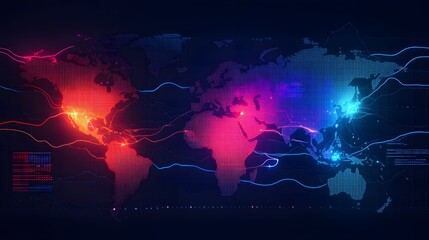 Wall Mural - Digital World Map with Interconnected Lines and Glowing Points