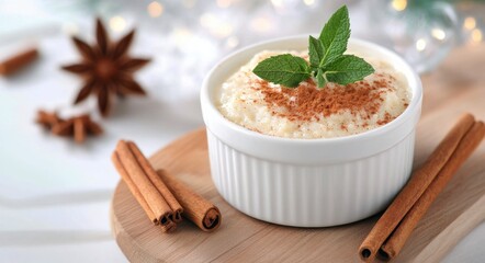 Wall Mural - Creamy rice pudding with cinnamon and mint served in white ramekins on a wooden board