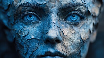 Wall Mural - Close-up Portrait of a Person with Blue Eyes and Stone-Like Skin