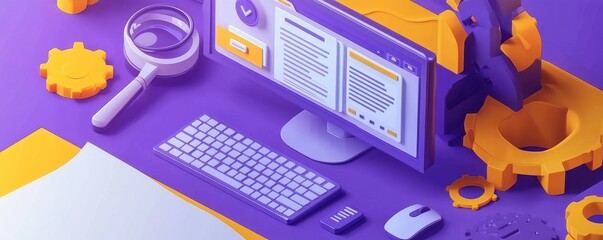 Stylized computer setup with yellow magnifying glass and gears showcasing web development and digital design concepts