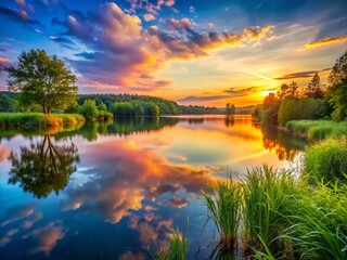 Wall Mural - Serene Lake Reflections at Sunset with Vibrant Colors and Tranquil Natural Landscape Surroundings