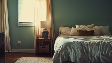 A serene bedroom illuminated by gentle morning light, showcasing a comfy bed adorned with pillows and a nightstand with a lamp, embodying a sense of tranquility.