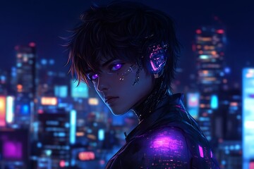 Sticker - Cyberpunk Anime Character with glowing purple eyes in futuristic neon city