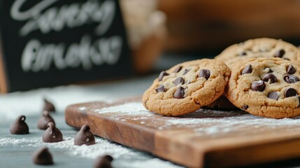 Wall Mural - Homemade chocolate chip cookies on a wooden board with flour and chocolate chips scattered