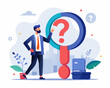 © johndaly - Problem analysis, analyze information to find solution or answer, solving problem or trouble, challenge to think overcome difficulty concept, businessman analyze question mark with magnifying glass.