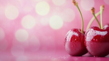 Wall Mural - Fresh cherries glistening on a soft pink background, capturing summer's sweetness