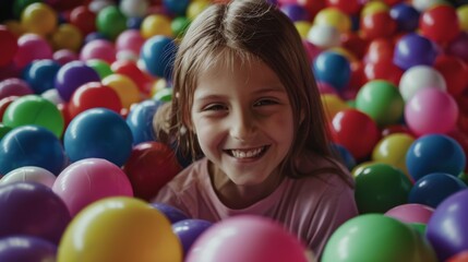 A girl is blissfully playing in a ball pit, her joyful smile capturing the essence of childhood fun and the vibrant energy of colorful balls around her.