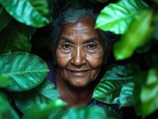 An elderly woman with gray hair beams joyfully amid vibrant green leaves in her garden