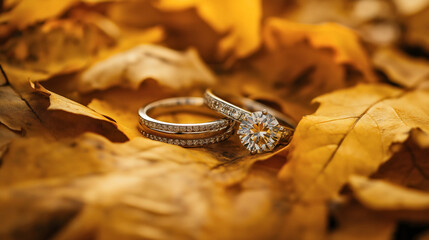 two engagement rings on autumn leaves, silver wedding jewelry in fall setting, romantic diamond prop