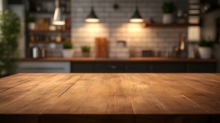 Wall Mural - a wooden table with a blurry background of a kitchen with a stove and a counter top in the foreground