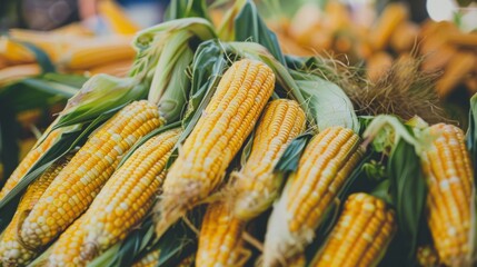 Canvas Print - A close-up image of freshly harvested ears of corn with their bright yellow kernels and green husks, basking in natural sunlight.