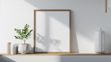 Canvas Print - A minimalist interior with an empty picture frame, minimal décor, and natural sunlight streaming in through the window.