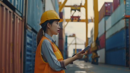 A female worker in a hard hat and safety vest stands among stacks of shipping containers, using a tablet in an industrial port setting.