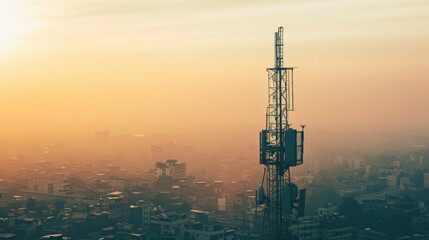 A solitary communication tower rises above a hazy city during a golden sunrise, casting a luminous glow over the urban scape.