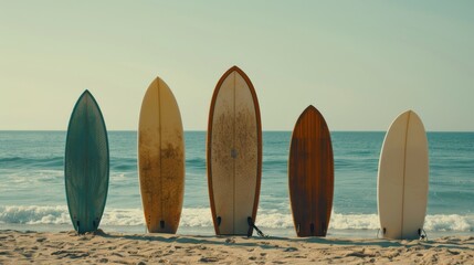 Five surfboards are lined up in the sand, patiently waiting by the shore for the next surfing adventure under a serene sky.