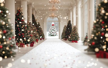 elegant christmas corridor with decorated trees and white pathway in a luxurious hall