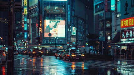 Wall Mural - A cityscape at night features brightly lit billboards and the neon glow from nearby businesses reflecting off rainy streets, creating a dreamy urban scene.