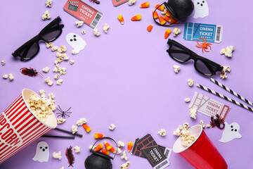 Sticker - Frame made of tasty popcorn, cinema tickets, 3D glasses and Halloween decorations on lilac background