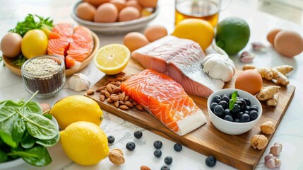 Wall Mural - Fresh, vibrant, and healthy assortment of fruits, vegetables, nuts, and salmon beautifully arranged on a cutting board, embodying a nutritious lifestyle.