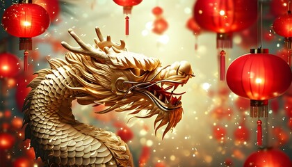 Wall Mural - Vibrant Chinese New Year Celebration with a Golden Dragon, Red Lanterns, and Sparkling Bokeh Background