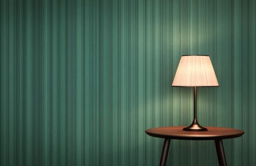 A stylish bedside lamp on a wooden table against a vibrant teal striped wall