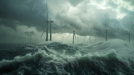 Massive offshore wind farm in a stormy seascape,