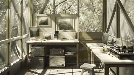 Serene sunlit forest office with modern minimalist design.