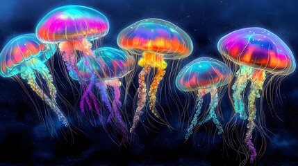 Wall Mural - colorful magic jellyfish-mushroom world dark space background electric wallpaper