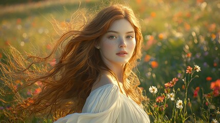 Young Woman in a Flower Field with Soft Light