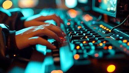 Wall Mural - Dynamic close-up of a hand swiftly typing on a mechanical gaming keyboard, showcasing the excitement of gaming and technology in action