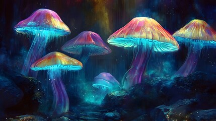 Wall Mural - colorful magic jellyfish-mushroom world dark space background electric wallpaper